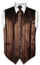 Men's Dress Vest & NeckTie DARK BROWN Color Woven Striped Design Neck Tie Set