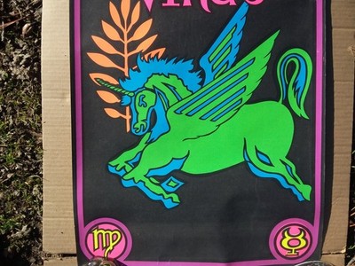 Vintage 1969 Virgo Blacklight Poster Zodiac Unicorn Pegasus Decor