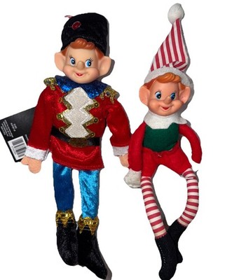 ELF Christmas DOLLS TWO 10  Holiday Set Ornaments Blue Eyes Big Nose/ Ears FUN