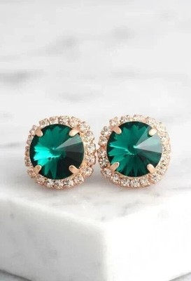 Lab Created 3Ct Round Cut Green Emerald Halo Stud Earrings 14K Rose Gold Plated