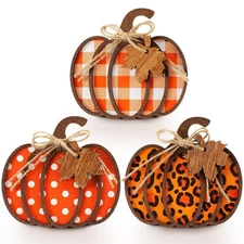 Thyle 3 Pcs Fall Pumpkin Decor Wood Buffalo Plaid Harvest Farmhouse Table Cen...