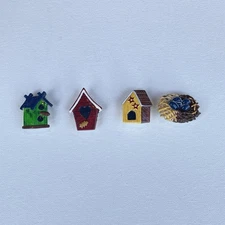 Vintage Button Covers Set of 4 Hand Painted Ceramic Birdhouse Bird Nest Artsy