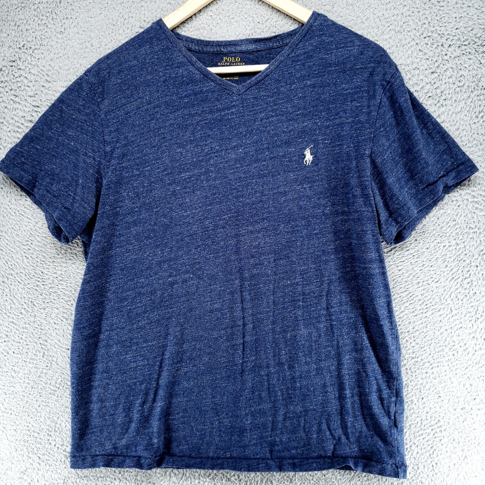 PONY Polo Ralph Lauren T Shirt Scollo a V Uomo L Blu Marmorizzato Manica Corta