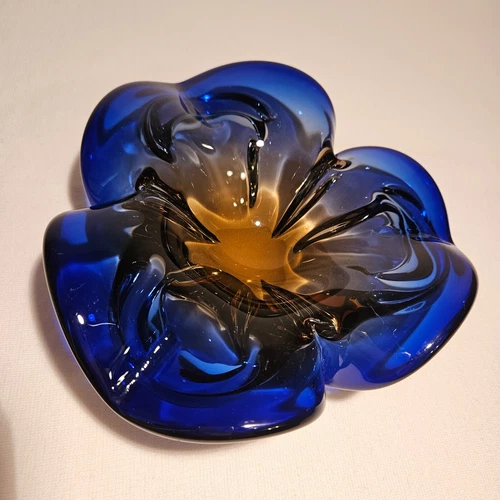 Murano Art Glass Sommerso Bowl Ashtray Cobalt Amber Free Form Pansy Italy