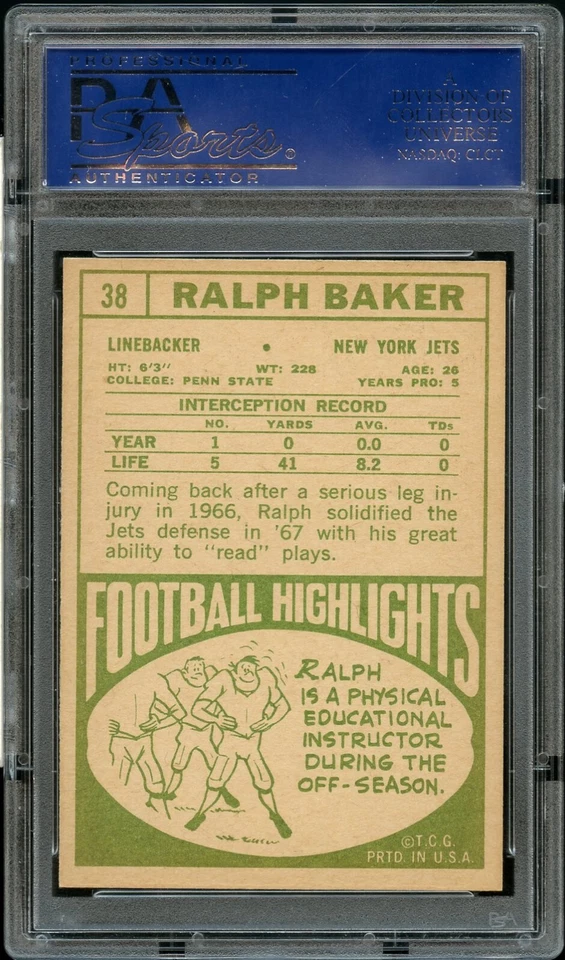 1968 Topps FB Card # 38 Ralph Baker New York Jets PSA NM-MT 8 - Image 2 of 2
