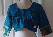 New Dark Turquoise Blue Stitches Katan Saree Blouse Ready to Wear.