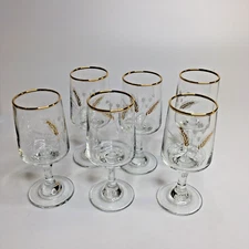 6 Sherries by Dema Sherry Glass Wheat Gold Rim Original Box Vintage Barware