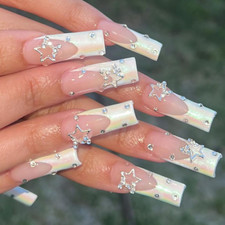 Square Press on Nails Long,French Tips Fake Nails with Rhinestones 3D Star Shiny