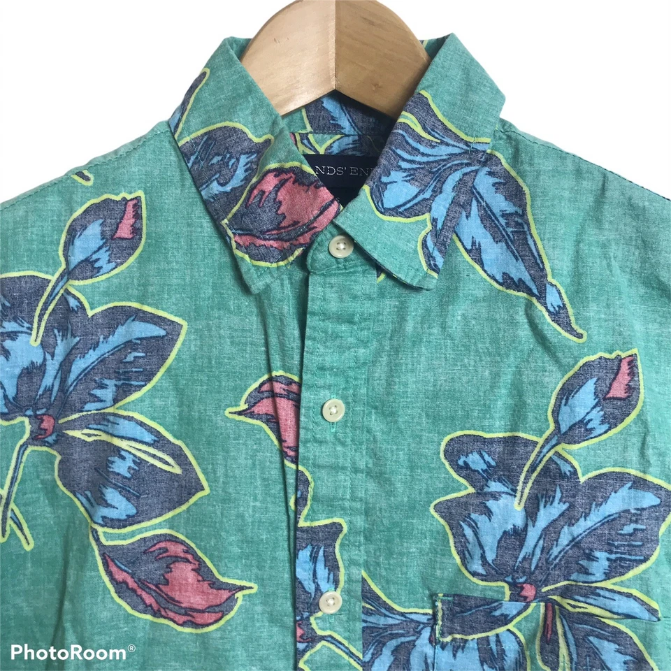 Camisa Lands' End Para Hombre Talla Pequeña Manga Corta Verde Brillante Floral Botón Frontal Foto 3 de 4