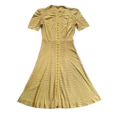 40s 50s Vintage Molyneux Adaptation Yellow Eyelet Embroidered Summer Dress Small