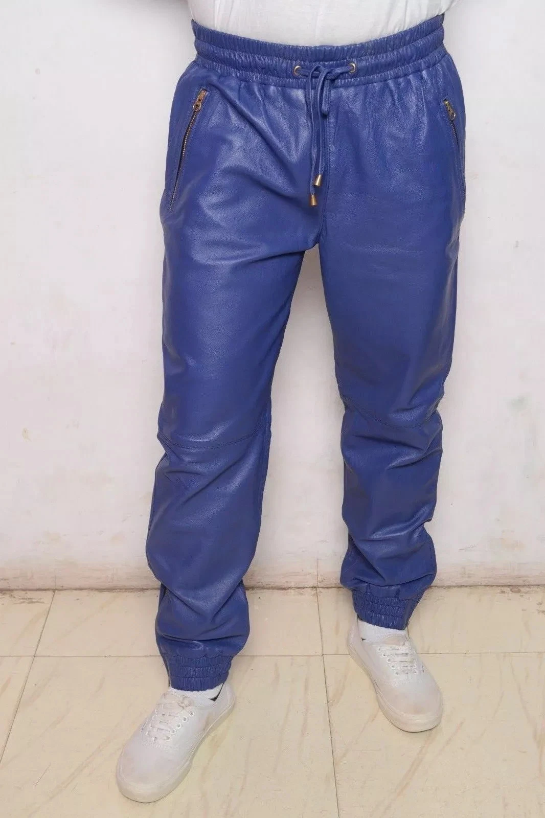 New Men's Leather Blue Lambskin Sweat Pant Jogger Trousers Pant