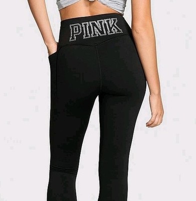 Legging Victoria&rsquo;s Secret PINK Flare Nero Con Logo In Strass Vita Alta Taglia XL Corto