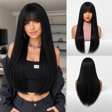 Off black Long Straight Soft Cosplay Wigs With Bangs Heat Resistant Hair