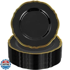 Hioasis 60pcs Black Plastic Plates - Black and Gold Disposable Dinnerware wit