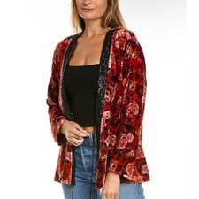 Johnny Was Women's Billie Short Kimono Velvet Floral Open Front Jacket Red Small