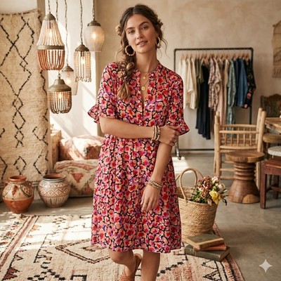 Lili Sidonio Molly Bracken Abstract Leopard Floral Tiered Dress XL Ruffle Sleeve