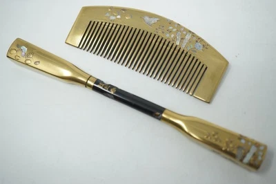 Ensemble épingle à cheveux et peigne à cheveux japonais Kougai Gold Makie et ... - Photo 1/4