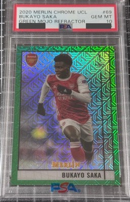 PSA 10 Bukayo Saka Green Mojo Refractor 2020 Merlin Chrome UCL #69 Soccer Card