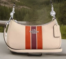 Coach Teri 2way Mini Crossbody Bag Stripe Leather Silver/Ivory Multi NWT