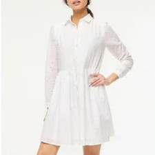 J Crew White Eyelet Lined Cotton Long Sleeve Collar Button Up Mini Shirt Dress 2