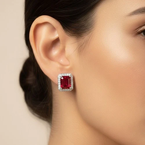Luxurious Blood Red Ruby Baguette 9.55Ct 925 Sterling Silver Handmade Earrings