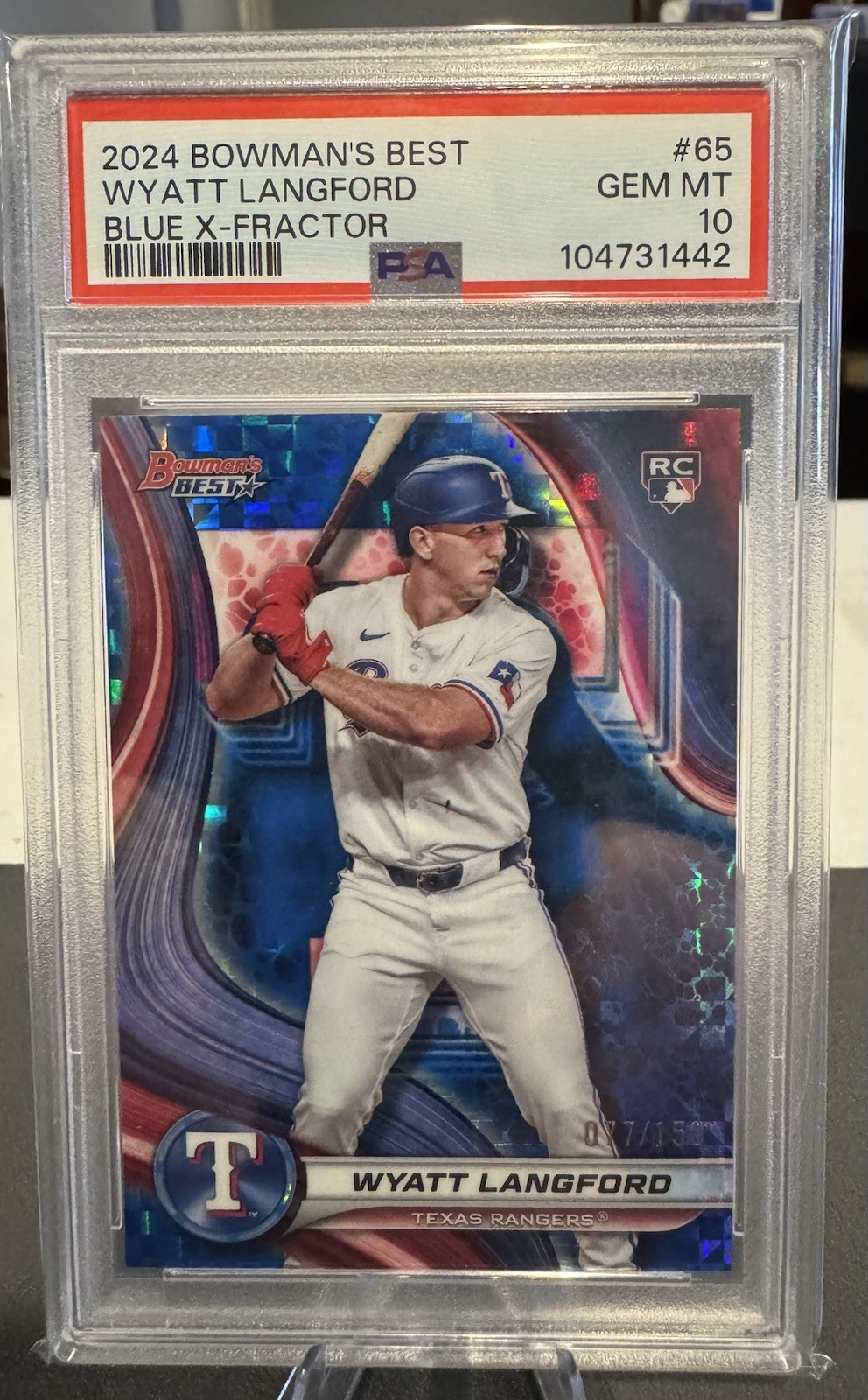 2024 Bowmans Best-#65 Wyatt Langford (RC) Blue X-Fractor /150 PSA 10 (Rangers)