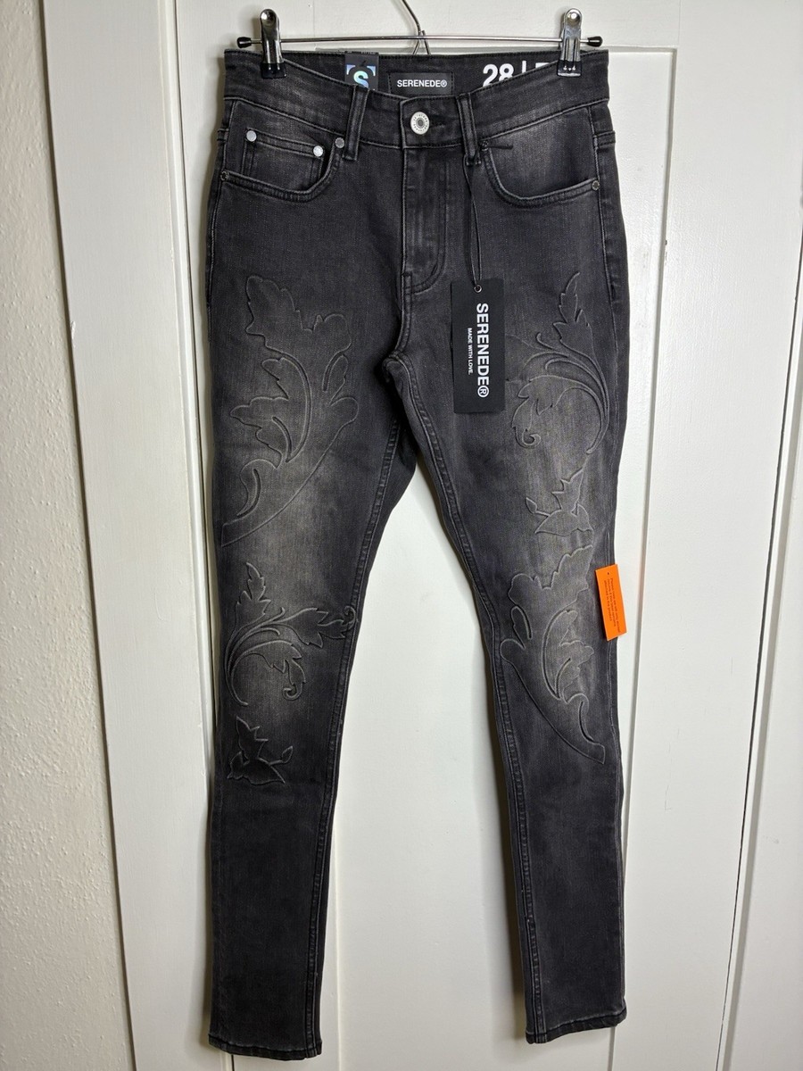 NWT Serenede Rome Debossed Black Fitted Denim Stretch Jeans Men's