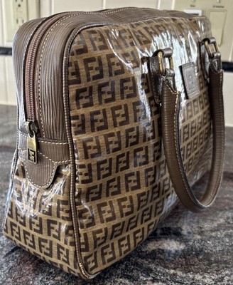 Vintage Fendi Zucca FF Monogram Boston Bag Brown Canvas Leather