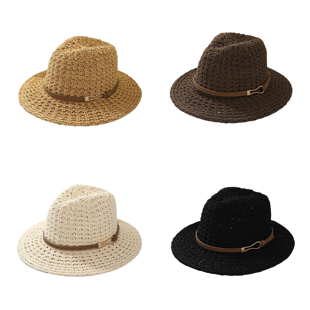 Women Wide Brim Straw Panama Hat Travel Fedora Summer Vacation Beach Sun Hat
