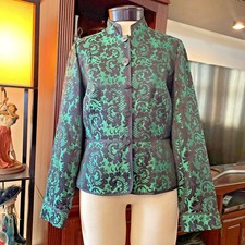 Green Black Scroll Tapestry Printed Mandarin Collar Jacket Size 6