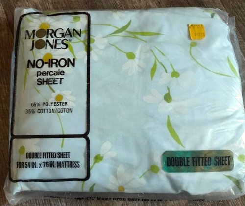 Vtg MORGAN JONES Percale Double Size FITTED & FLAT Sheets Lt Blue/Daisies UNUSED - Picture 4 of 5