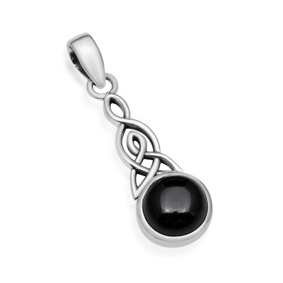 Black Onyx Gemstone Solid 925 Sterling Silver Triquetra Celtic Knot Pendant