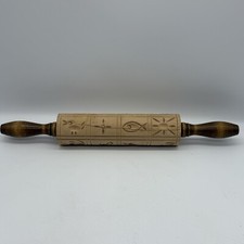 VINTAGE Springerle Wooden Cookie Press Rolling Pin Engraved Fish Duck READ