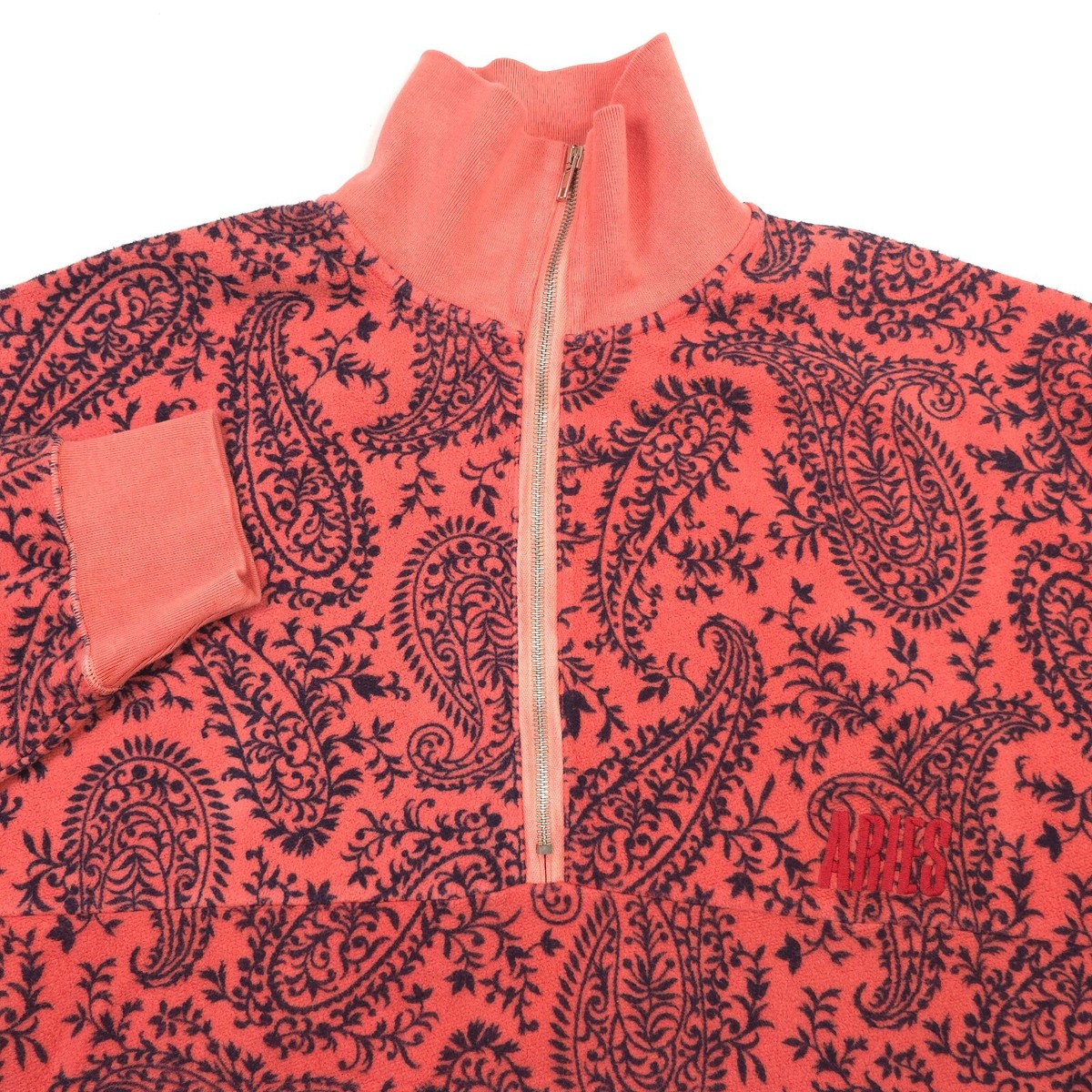 $450 Aries Cotton Reverse Fleece Coral Paisley Half Zip Sweatshirt 