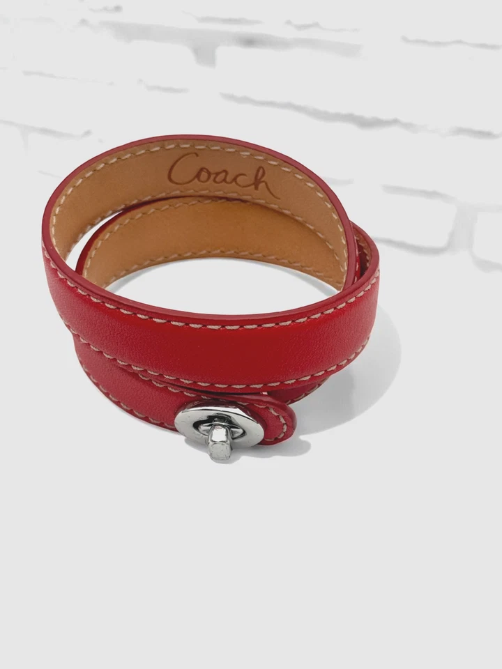 Brazalete Coach Vintage Script Doble Envoltura Plata Bermellón Rojo Naranja Cuero Foto 2 de 3
