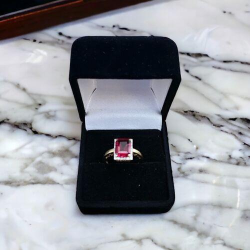 Vintage 14k Yellow Gold Emerald Cut Red Ruby Round Diamond Cocktail Ring - Picture 8 of 9