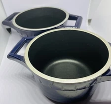 Cooking With Calphalon 2 Onion Casseroles Cobalt Blue Enamel Aluminum Handles Ex