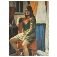 Vintage Realist Female Figurative Studio Portrait (ca. 1950, Oil on Canvas)