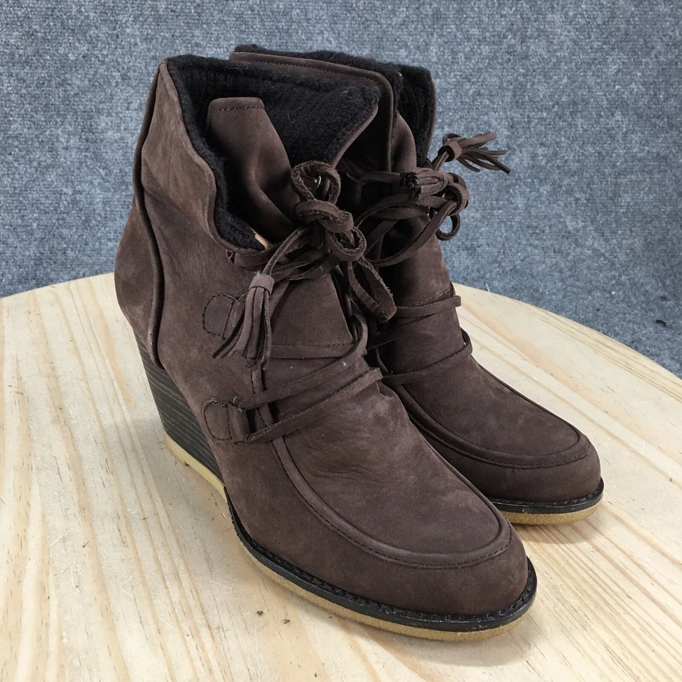 Lands End Boots Womens 9.5 B Ankle Bootie Brown Leather Knit Cuff Lace Up Wedge - Image 3 of 4
