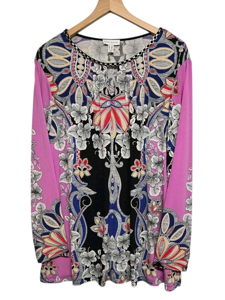 Túnica Susan Graver Para Mujer 2X Estampado Floral Líquido Tejido Top Cerradura Informal Foto 4 de 4