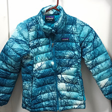 Patagonia Kids Down Puffer Jacket Blue Tree Print Full Zip Pockets 10-12