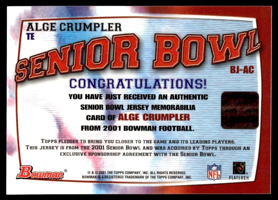 2001 Bowman Rookie Jerseys Alge Crumpler North Carolina Tar Heels #BJ-AC - Image 2 of 2