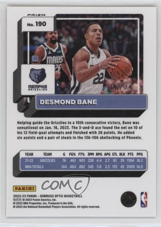 2022-23 Panini Donruss Optic Gold Sparkle Prizm /24 Desmond Bane #190 - Image 2 of 2