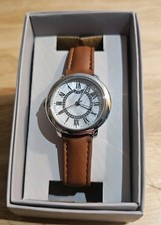 Women s Brown Leather Strap Watch Roman Numeral Dial Crystal Accent