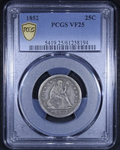 1852 Seated Liberty Quarter - 25c PCGS VF25 - PCGS Gold Shield