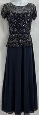 Pisarro Nights Sz 6 Blue Formal Heavy Beaded Sequin Bodice into Peplum Maxi Gown