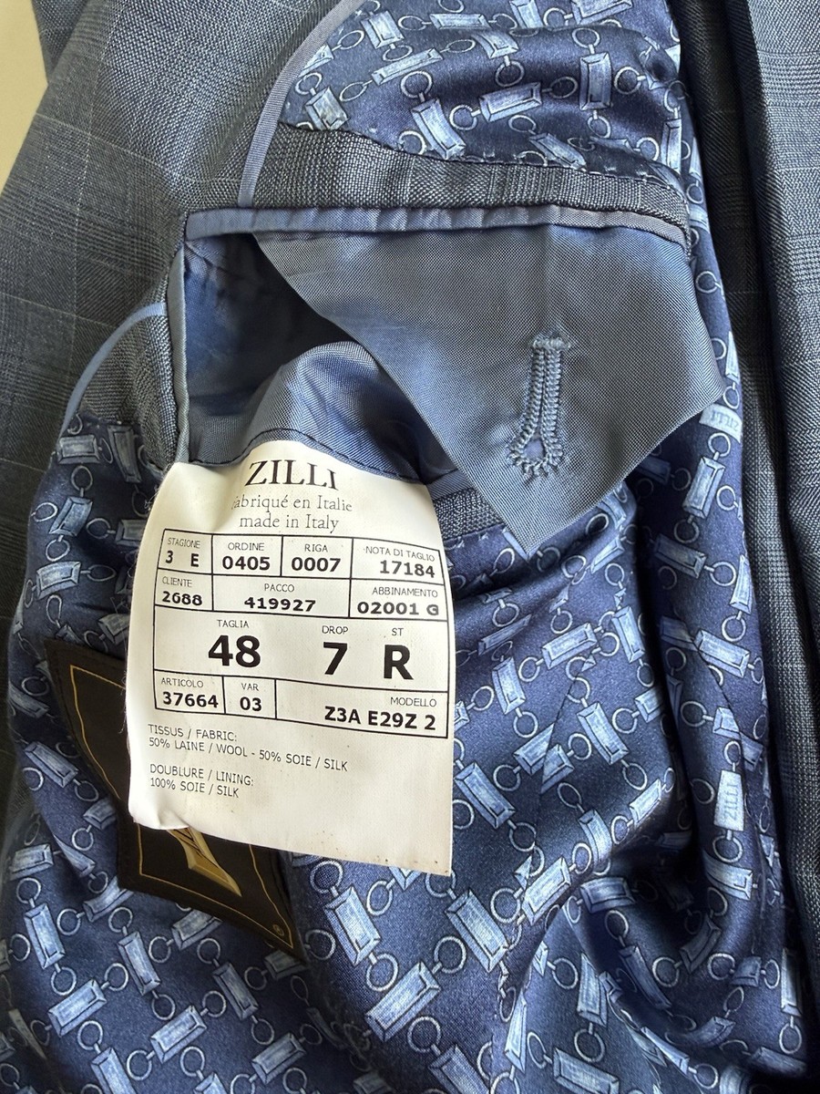 Zilli Blue Checked Patterned 50 Wool and 50 Silk Suit 48R IT drop