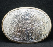 WF05101 SWEET VINTAGE 1980s  FLORAL  WESTERN FASHION ART SILVER BELT BUCKLE