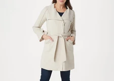 H by Halston Women's Cascade Zip-Front Knee-Length Coat Solid Stone Size 14