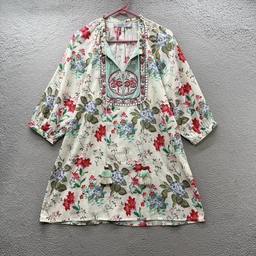 Bella Tu Women’s XL Dress Tunic Floral 3/4 Puff Sleeve Cotton Embroidered Shells